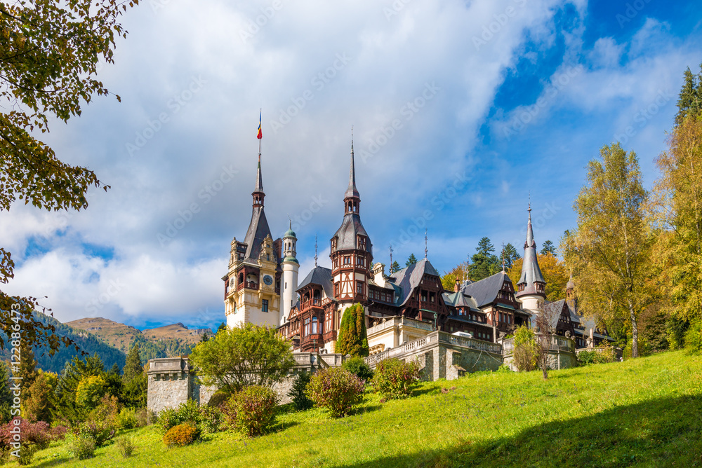 Peles castle Sinaia in autumn season, Transylvania, Romania protected by Unesco World Heritage Site Peles castle Sinaia in autumn season, Transylvania, Romania protected by Unesco World Heritage Site