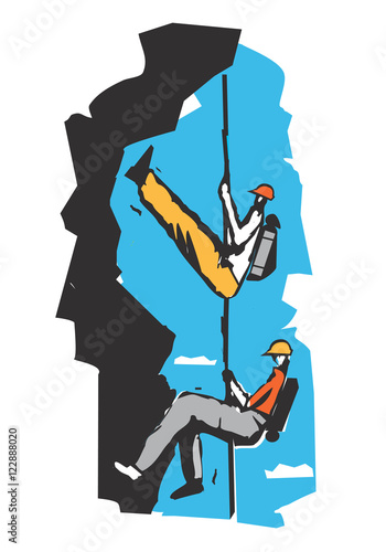 Two climbers on a rope cartoon
Two climbers in the rocks.Stylized Illustration imitating linocut. Vector available