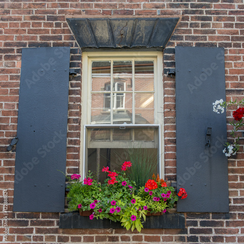 Detail of a window with flowers  Charlottetown  Prince Edward Is