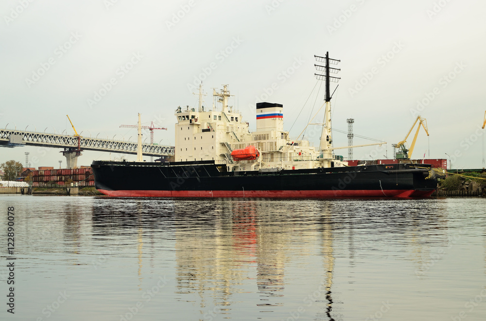 Nuclear-powered icebreaker is moored.