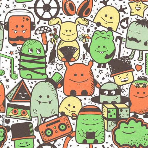 Seamless pattern. Funny monsters  personage. Hand drawn cartoon animals