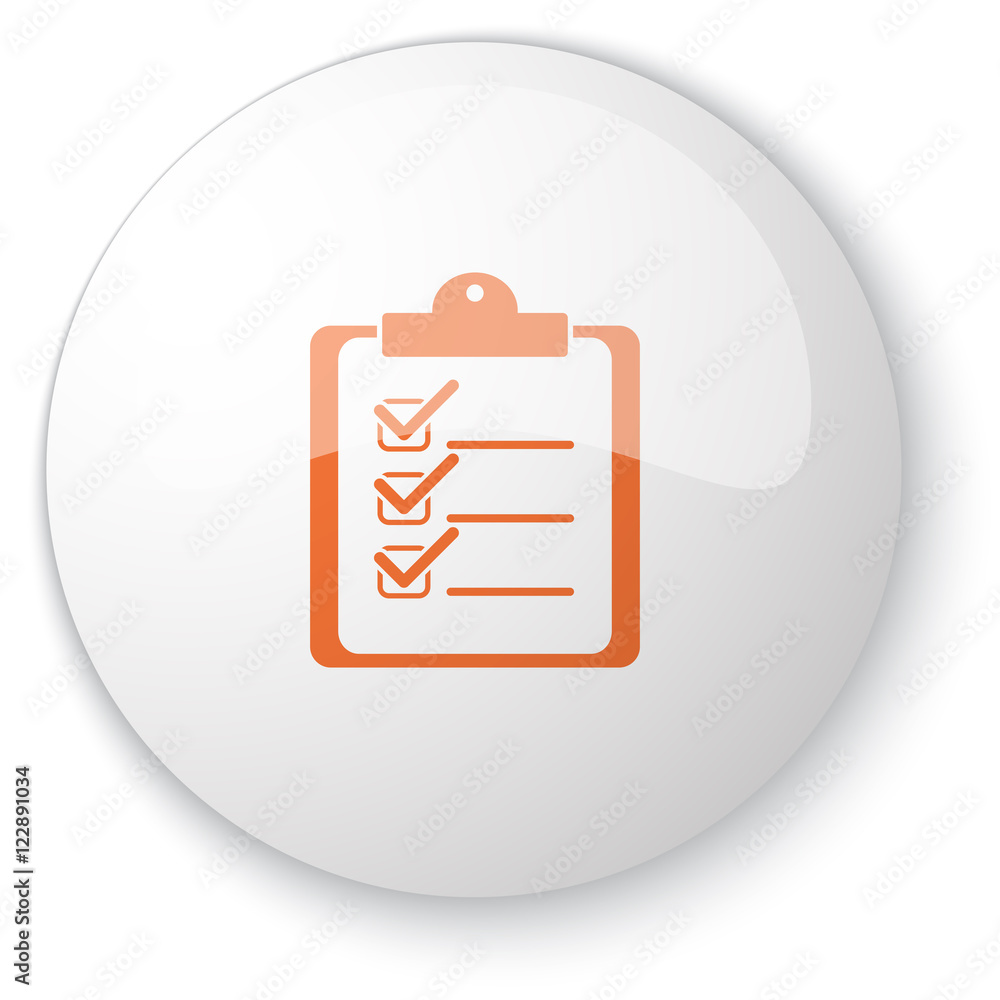 Glossy white web button with orange Clipboard Checklist icon on Glossy white web button with orange Clipboard Checklist icon on