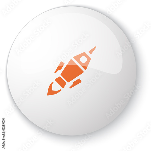 Glossy white web button with orange Rocket Launch icon on white