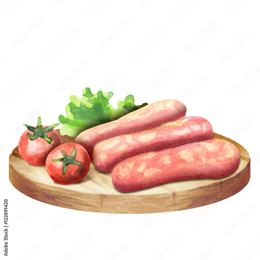 Raw sausage for barbecue with lettuce and tomatoes on a plate. Watercolor Raw sausage for barbecue with lettuce and tomatoes on a plate. Watercolor