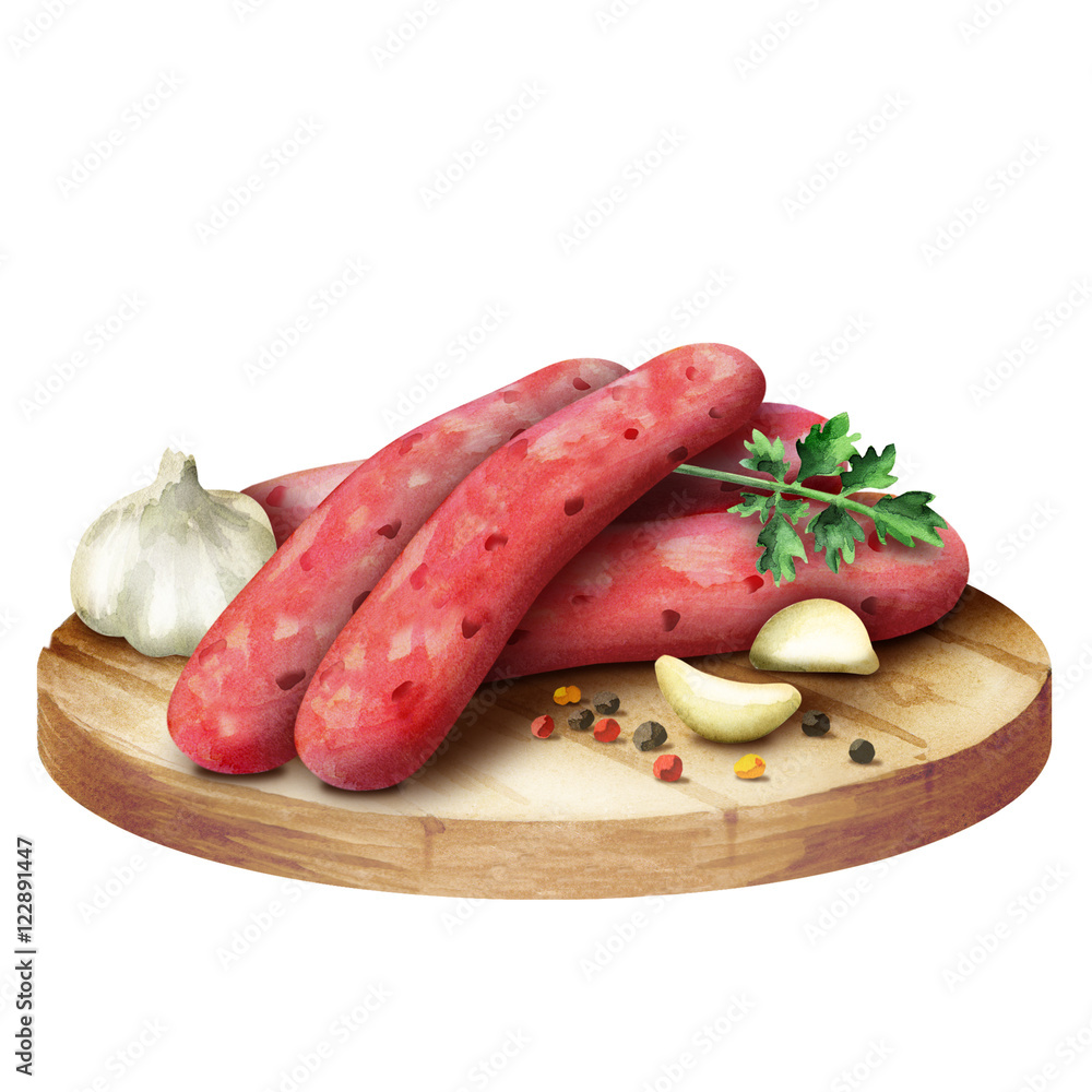 Raw sausage for barbecue with spices, lettuce and tomatoes on a plate. Watercolor Raw sausage for barbecue with spices, lettuce and tomatoes on a plate. Watercolor