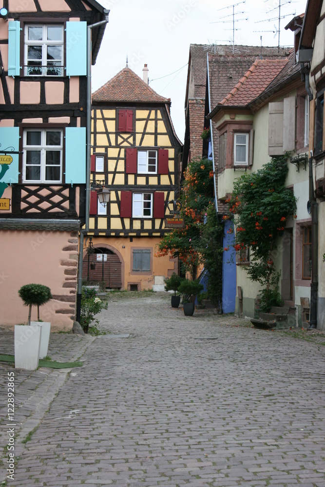 Une rue typique du village de Riquewihr (Alsace, Haut-Rhin)
