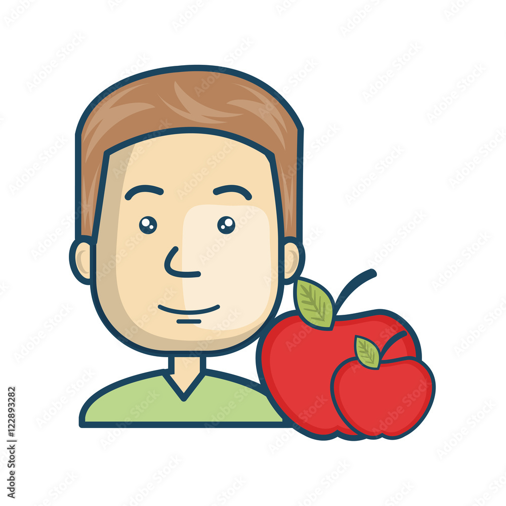 avatar man cartoon with red apples fruit icon. colorful design. vector illustration avatar man cartoon with red apples fruit icon. colorful design. vector illustration
