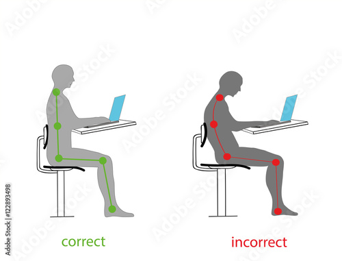 Correct health body posture while sitting for the computer (laptop). Vector illustration