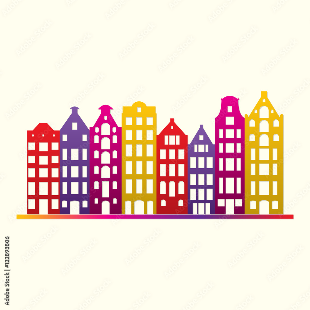 Buildings in old European style. City houses set. Urban landscape symbol. Colorful and bright vector illustration.
