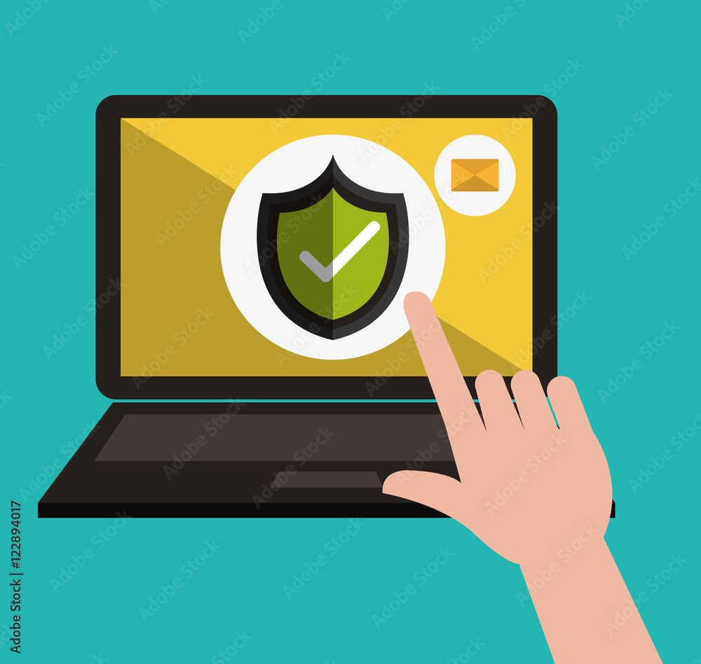 hand finger pointing a check shield in a laptop computer informatic security system. vector illustration hand finger pointing a check shield in a laptop computer informatic security system. vector illustration