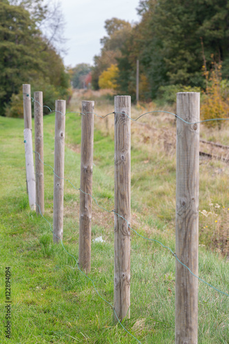 Wooden poles, part of a fence.