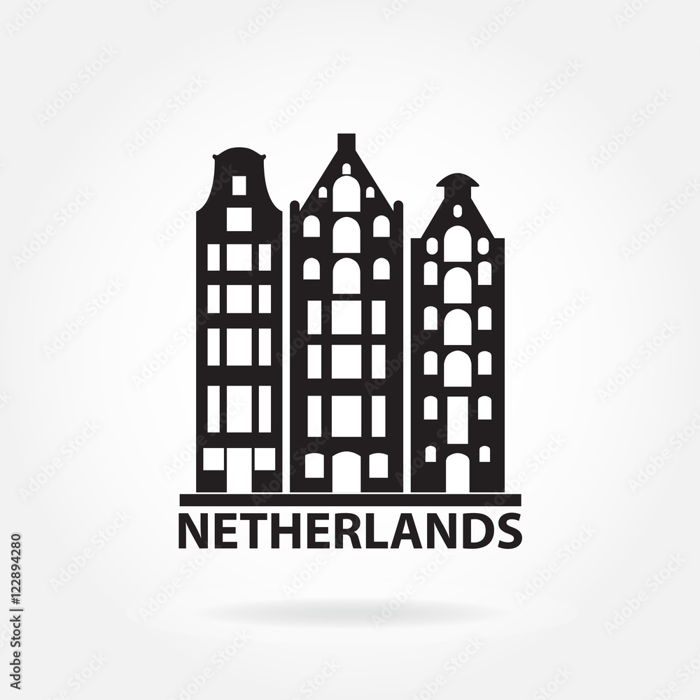 Netherlands and Amsterdam symbol. Old buildings in European style. Dutch landscape symbol. Vector icon or sign.