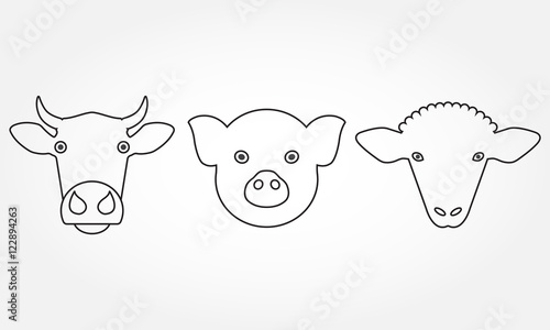 Farm animal outline icons set. Cow, pig and sheep head or face symbols isolated on white background. Vector illustration.