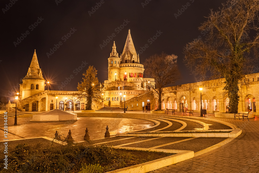 Night view of the Fisherman's Castle situated on the Buda bank of the Danube in Budapest, Hungary.