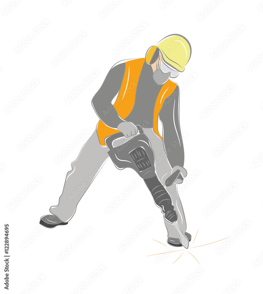 Fototapeta premium worker with pneumatic hammer drill equipment isolated on white. vector illustration
