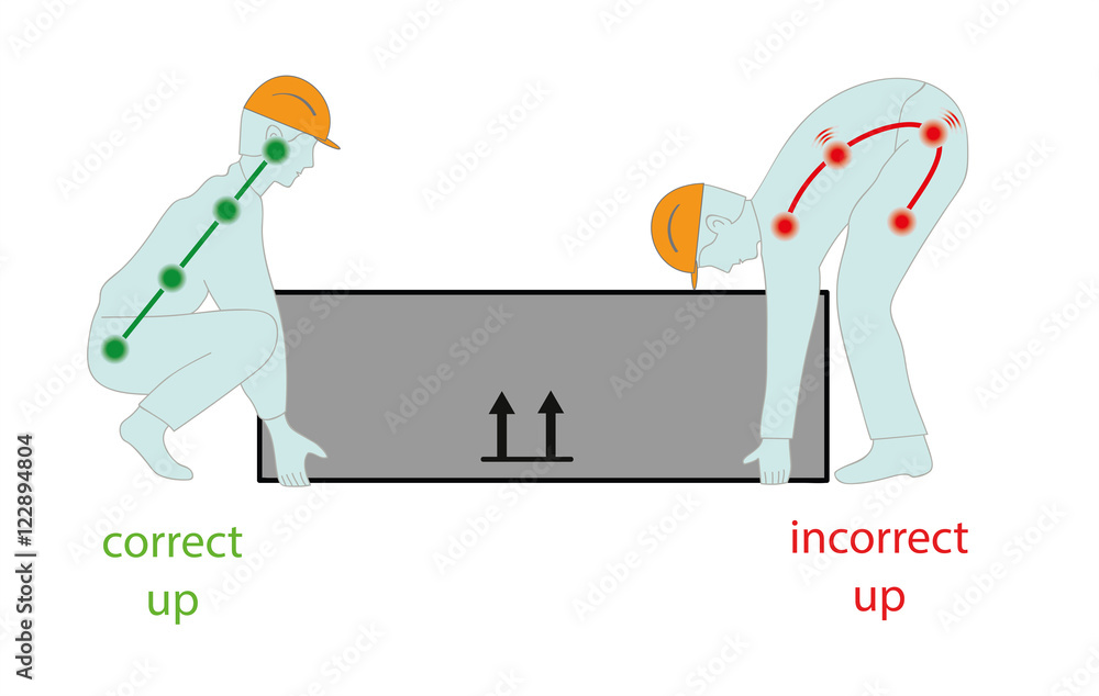 Correct posture to lift a heavy object safely. Health care vector illustration. - obrazy, fototapety, plakaty 
