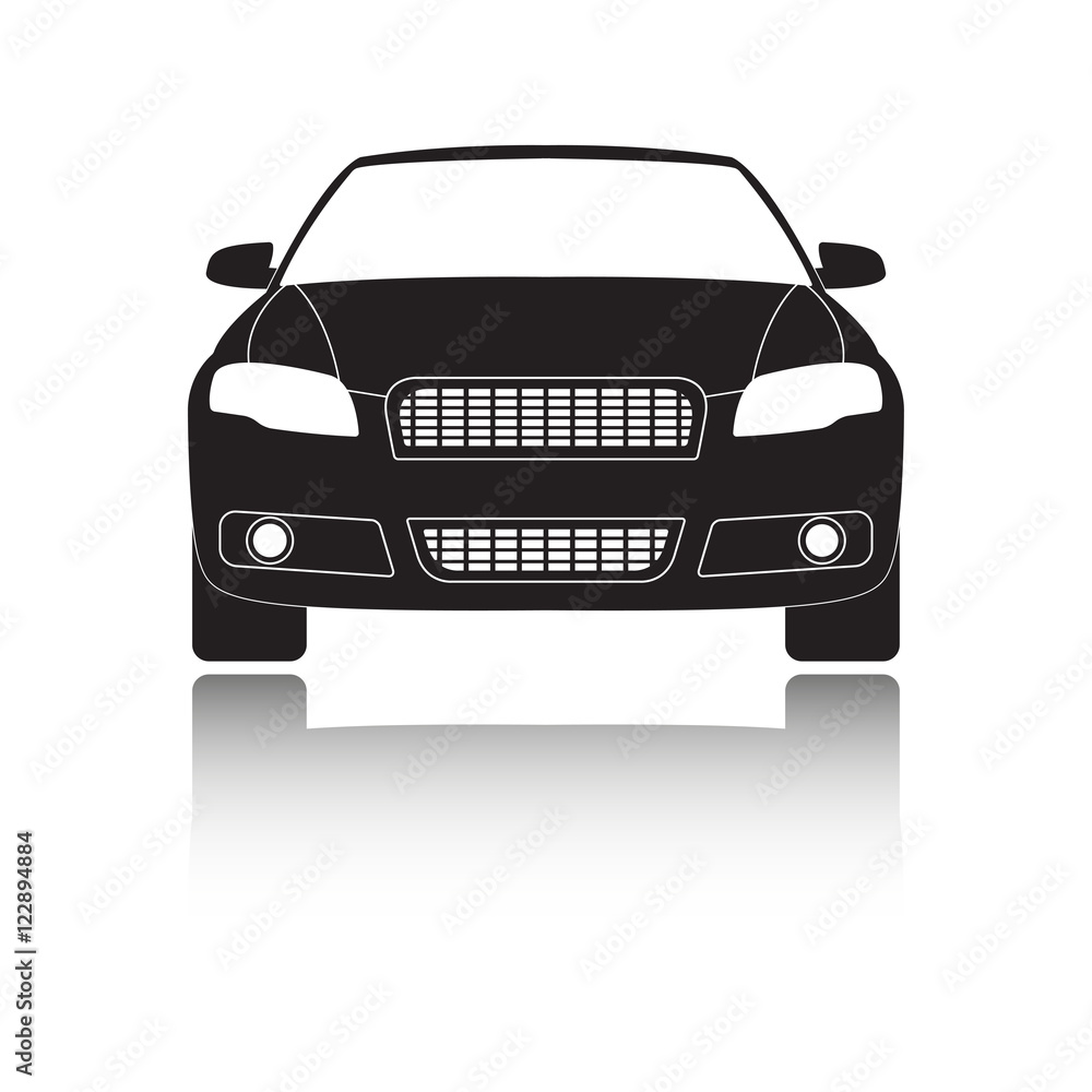 Car front view icon or sign. Vector illustration of vehicle with shadow. Flat design.