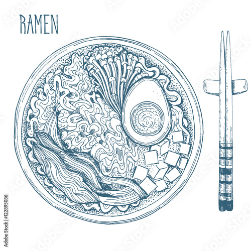 Asian food Ramen and chopsticks. Linear graphic.