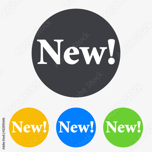 Icono plano texto New! en circulo varios colores