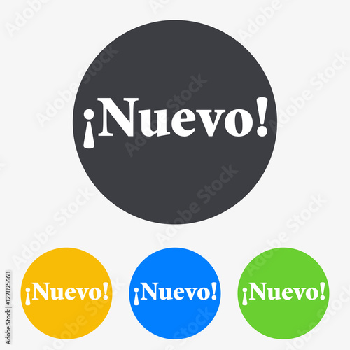 Icono plano texto Nuevo en circulo varios colores