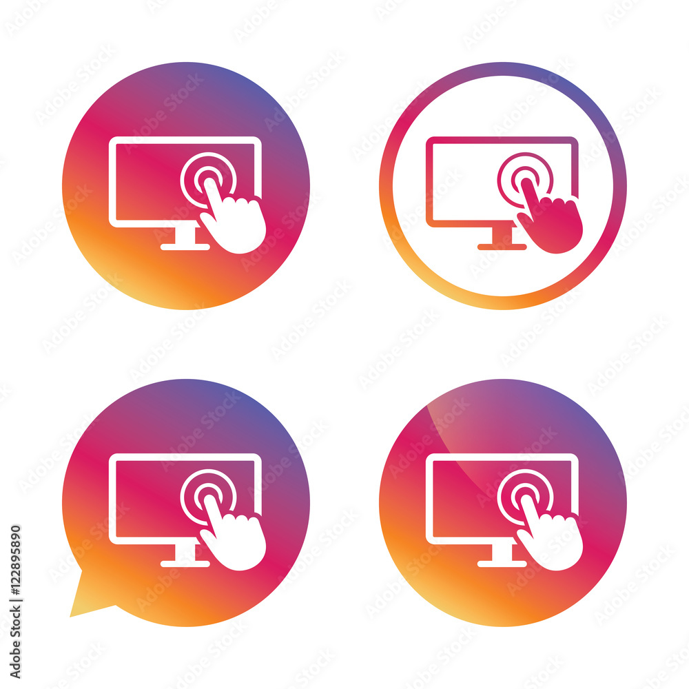 Touch screen monitor sign icon. Hand pointer. Touch screen monitor sign icon. Hand pointer.