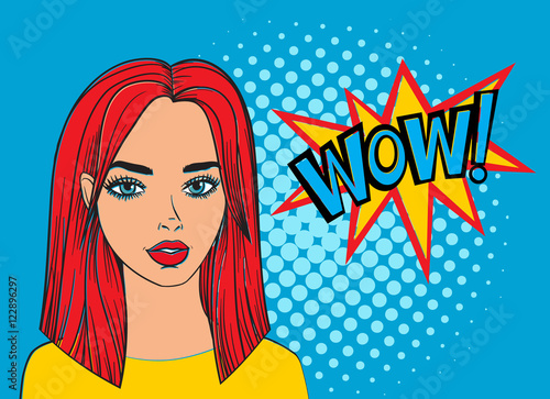 Pop art sexy woman with WOW bubble. Fashion, beautiful woman with red hair. Pretty face cartoon style. White pop art bubble for banner. Comic girl vector illustration on yellow background