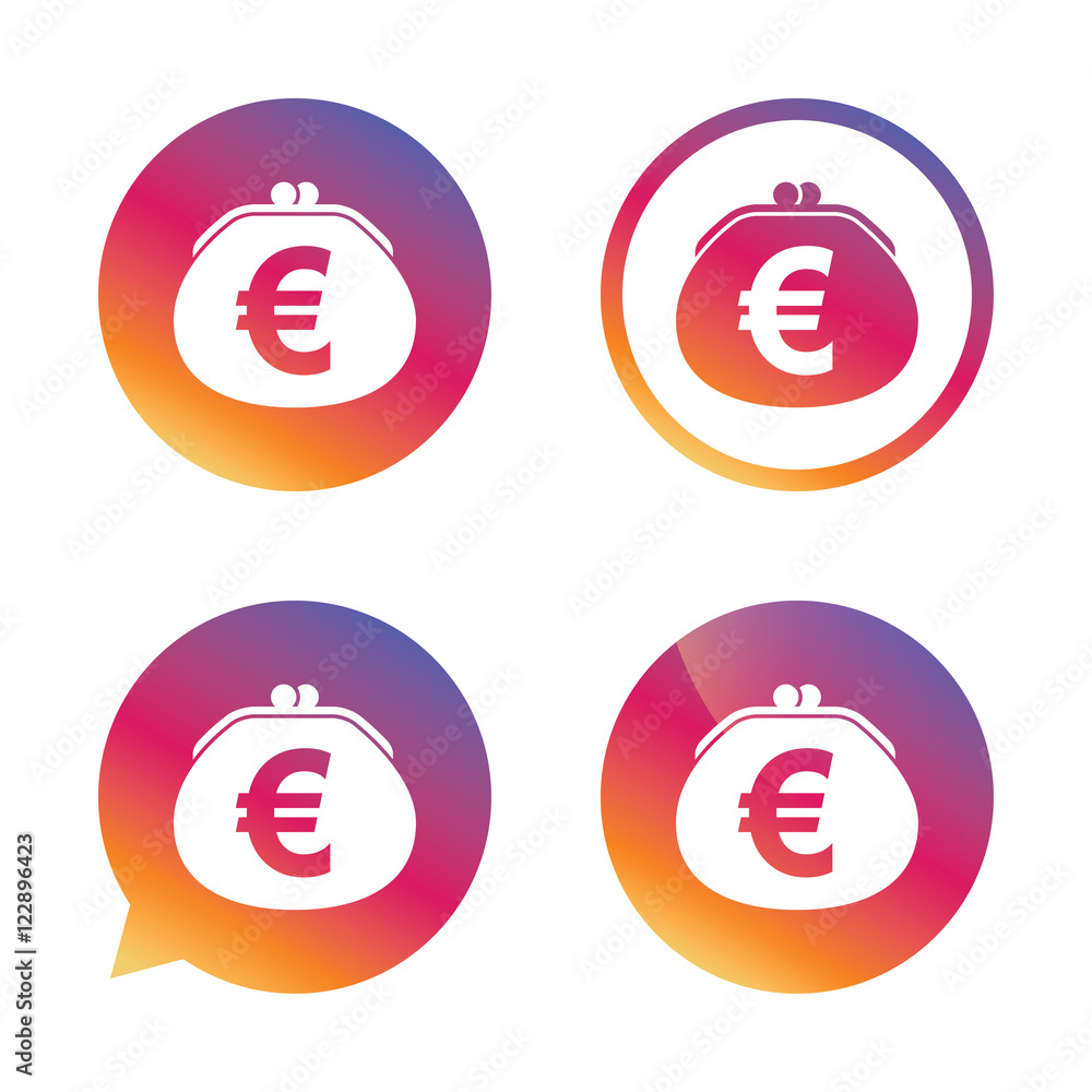 Wallet euro sign icon. Cash bag symbol. Wallet euro sign icon. Cash bag symbol.