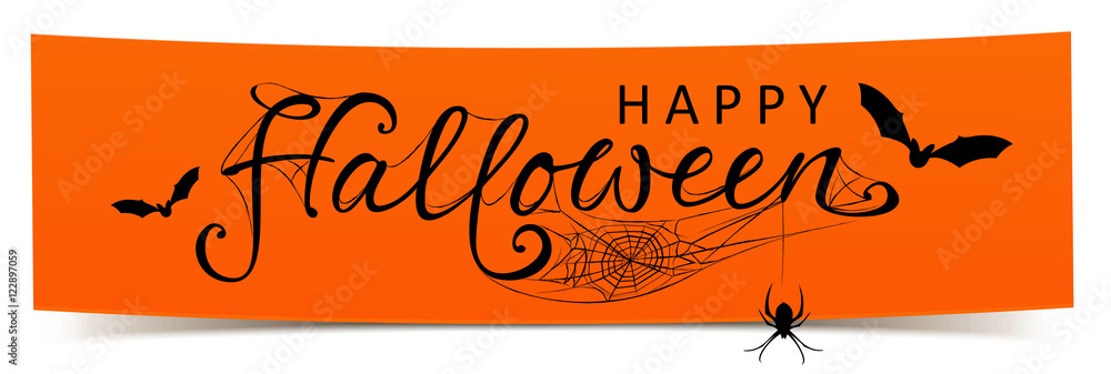 Fototapeta premium Happy Halloween - Banner mit kalligrafischen Schriftzug, Fledermäusen und Spinnennetz