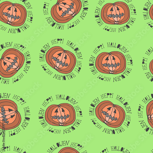 Vector seamless Halloween pattern with set of scary pumpkins