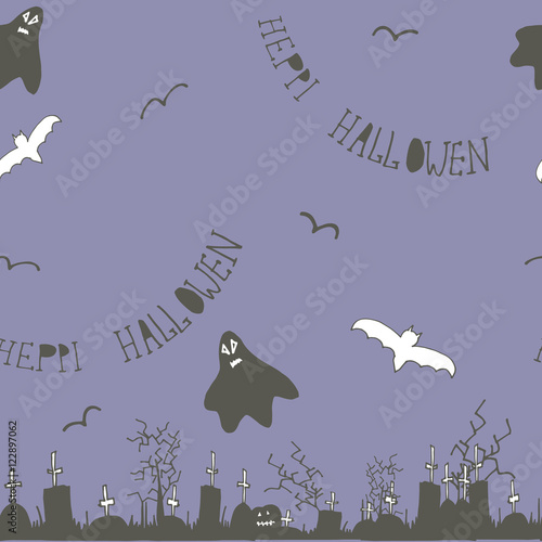 seamless pattern for halloween bat, skull, spider, cemetery vector illustration