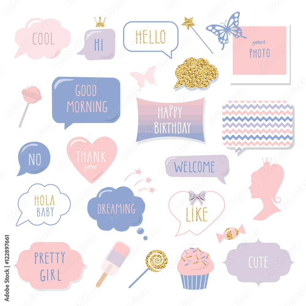 Cute hand drawn speech bubbles and frames with hand written words. Girly stickers set with gold glitter. Happy Birthday, Thank You, Good Morning, Welcome and Hello lettering. Cute hand drawn speech bubbles and frames with hand written words. Girly stickers set with gold glitter. Happy Birthday, Thank You, Good Morning, Welcome and Hello lettering.