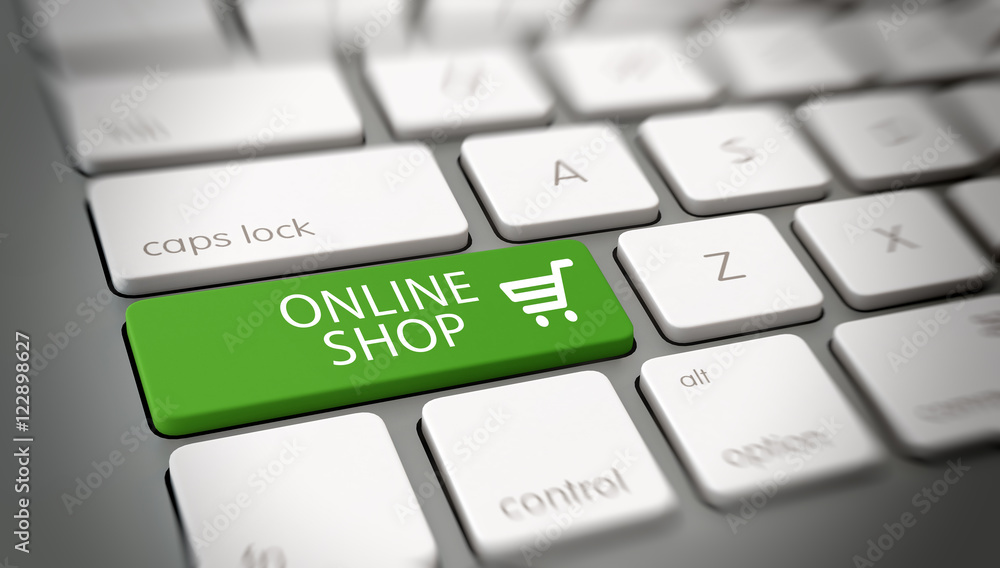 Close up on green online shopping cart key Close up on green online shopping cart key