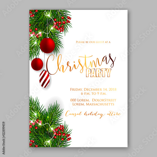 Merry Christmas party invitation with winter wreath. Pine, red berry, light garland, decoration glas ball