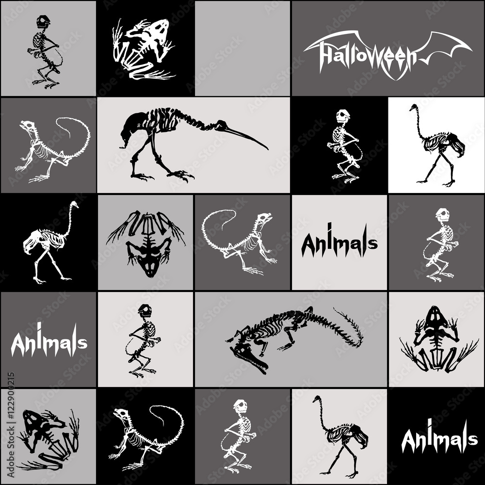 Halloween animals - black and white skeletons of reptiles (crocodiles, lizards, frogs), monkeys and birds (ostriches and herons) in grey, black, white squares and rectangles. Seamless pattern