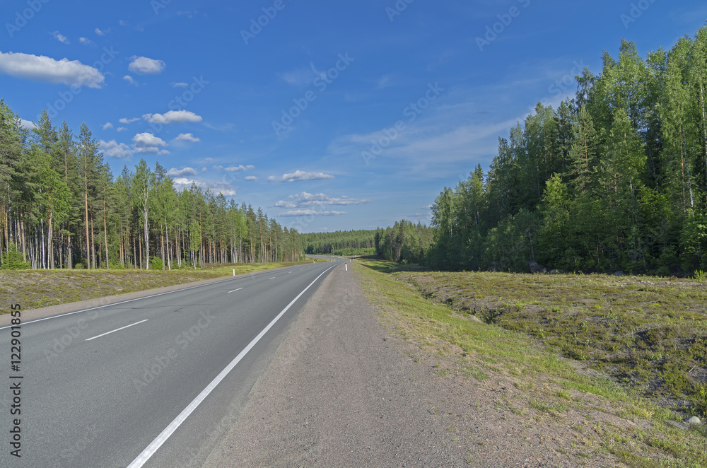 Emty highway. South Karelia, Russia.
