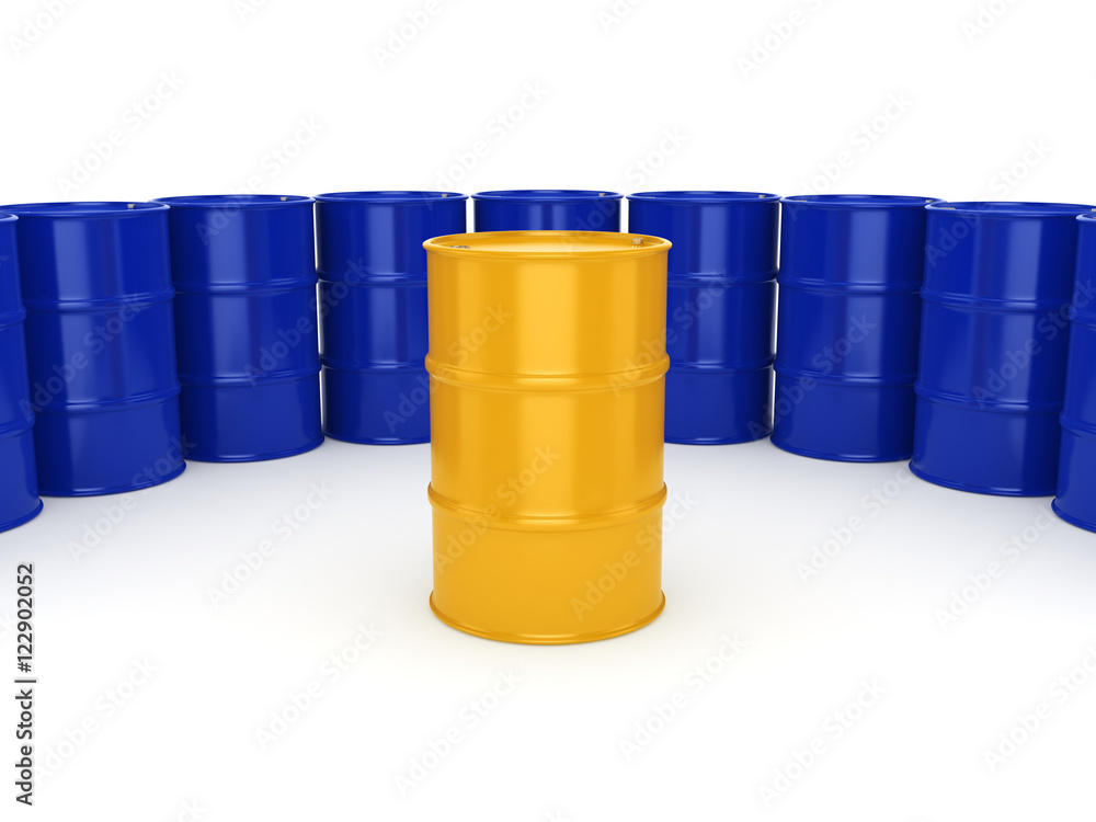 3D rendering blue and yellow barrels 3D rendering blue and yellow barrels