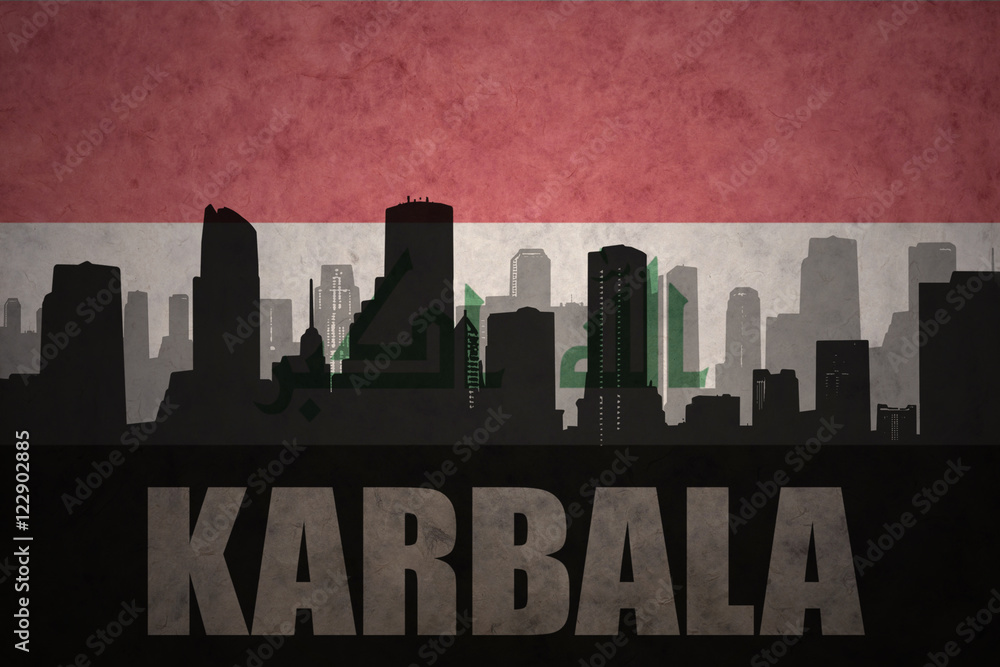 abstract silhouette of the city with text Karbala at the vintage iraqi flag background