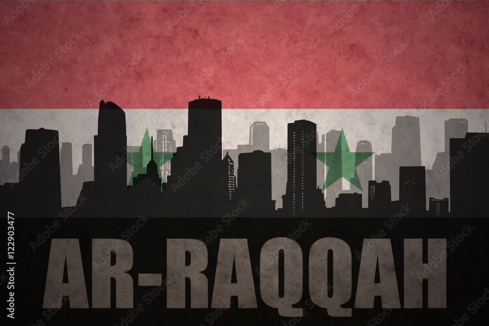 abstract silhouette of the city with text Ar-Raqqah at the vintage syrian flag background