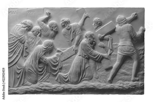 Gypsum dimensional picture with biblical scenes and the Last Supper Way to Calvary.