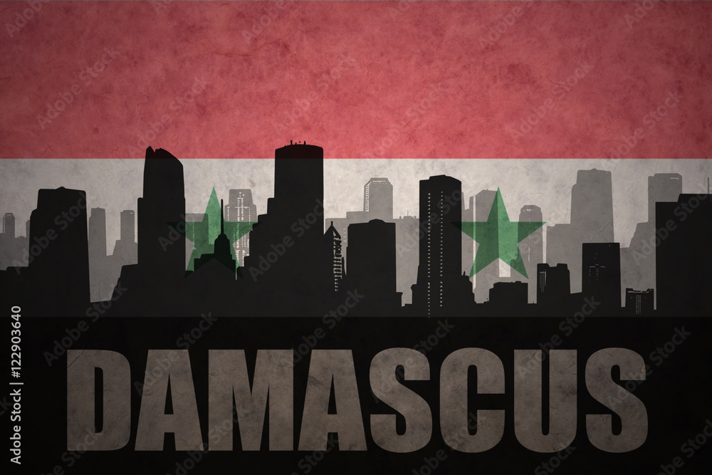 abstract silhouette of the city with text Damascus at the vintage syrian flag background