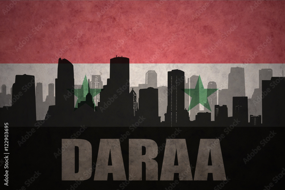 abstract silhouette of the city with text Daraa at the vintage syrian flag background