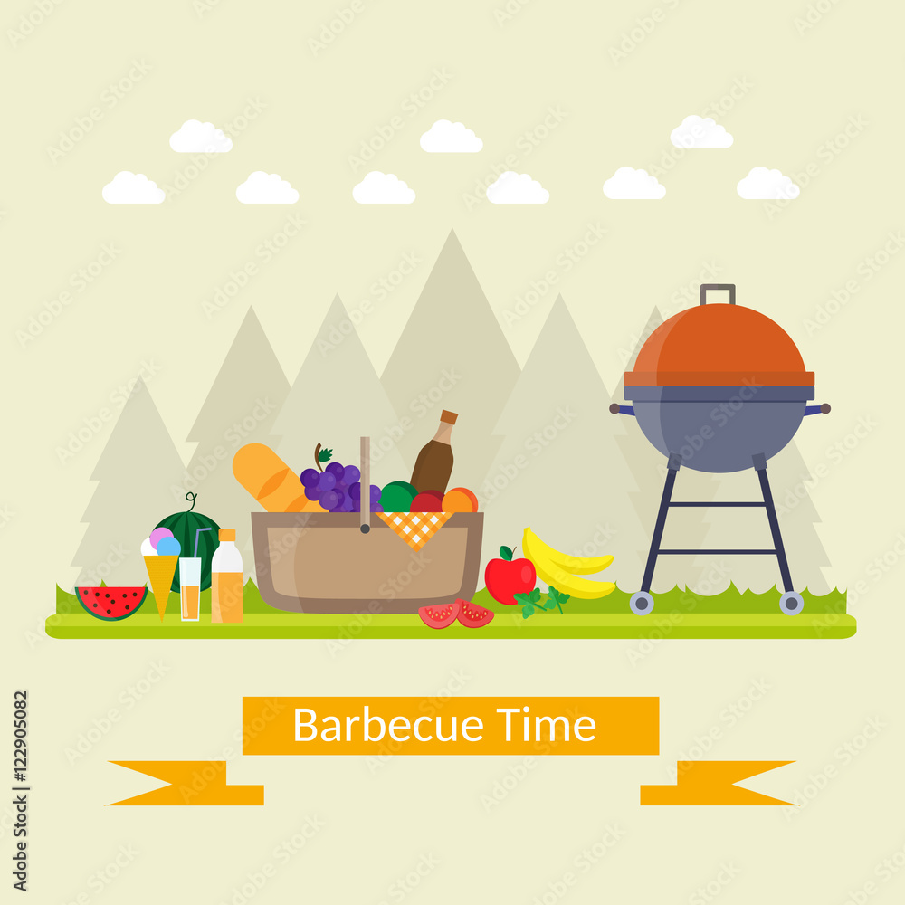 Fototapeta premium Fruit, wine, barbecue, picnic grill, watermelon on the grass set. Summer time on meadow. 