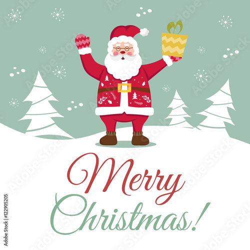 Happy New Year and Merry Christmas vector card with funny Santa Claus.