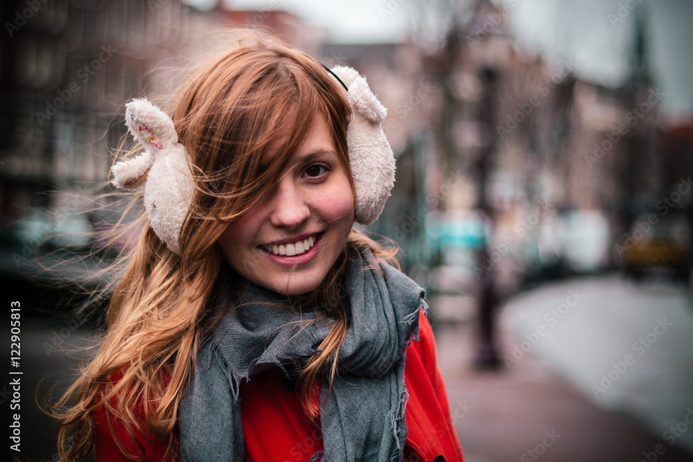 Young Girl Smiling and Looking at Camera in Amsterdam, Netherlan Young Girl Smiling and Looking at Camera in Amsterdam, Netherlan