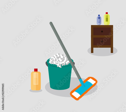 Tools for housekeeping: a green bucket with soapy foam, MOP with grey handle and orange cloth and yellow bottle of detergent with a red cover. Brown bedside table. Vector illustration 