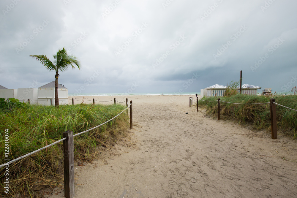 Hurricane Matthew and tropical storm. Miami Beach, South Beach, Florida. Incline weather, rain and wind