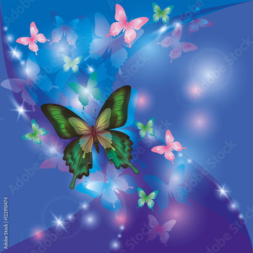 Bright glowing abstract background blue - violet with butterflie