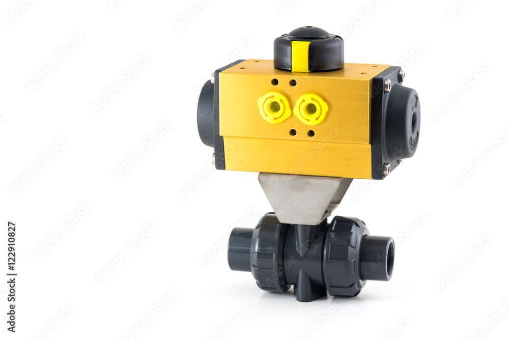 Pneumatic valve isolated on white  background,automatic valve.The valve is used in industrial applications.  Open-close valve using  air pressure.