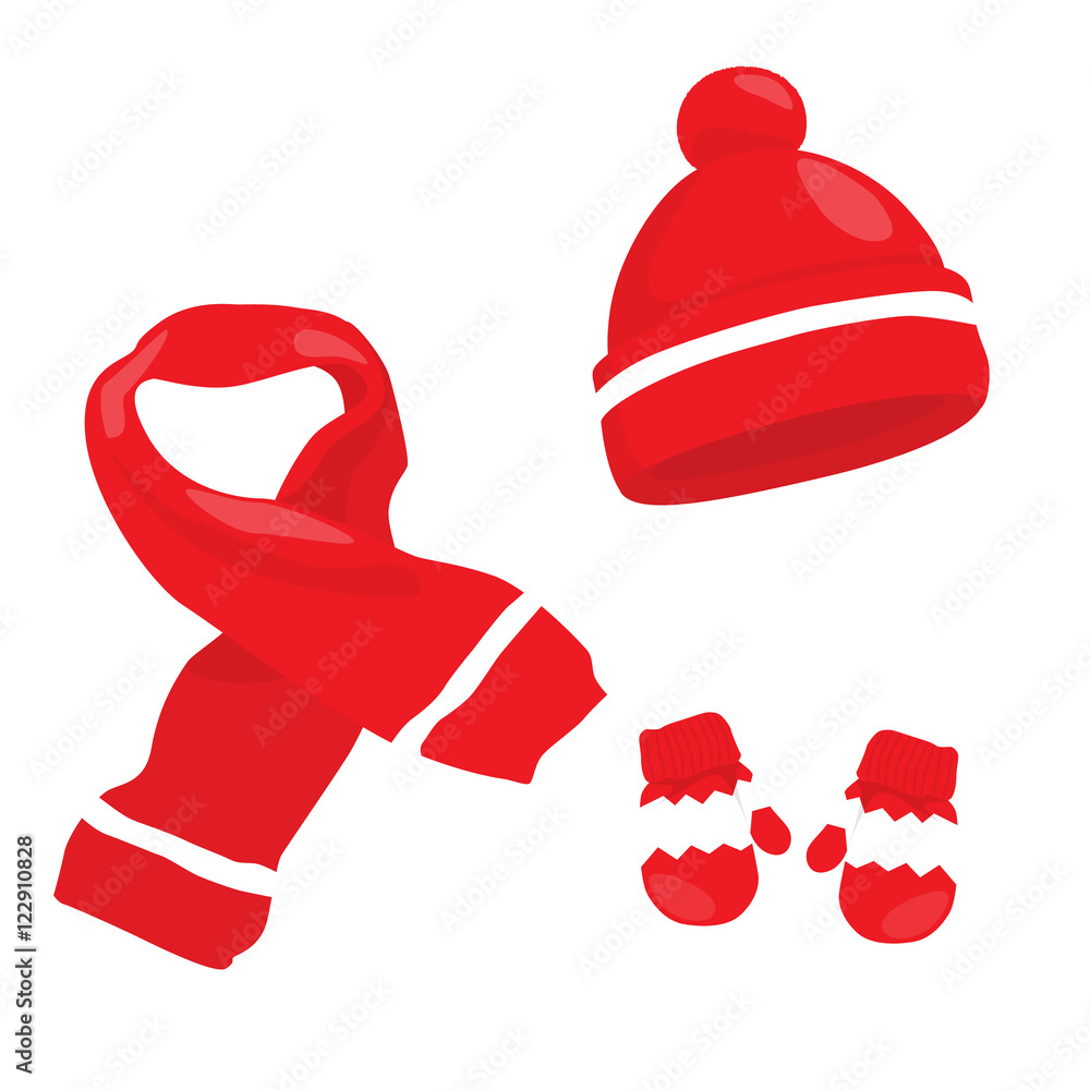 Red knitted scarf, hat and mittens on white. Winter clothes set. Vector illustration. Red knitted scarf, hat and mittens on white. Winter clothes set. Vector illustration.