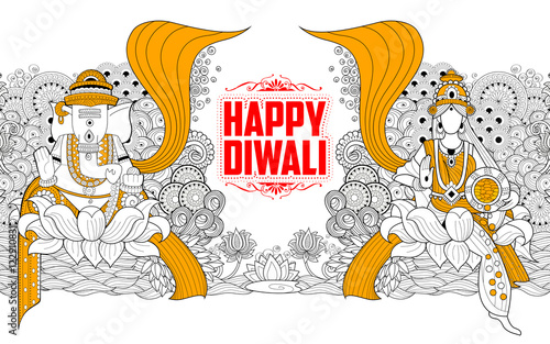 Goddess Lakshmi and Lord Ganesha on Happy Diwali Holiday doodle background for light festival of India